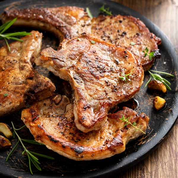 Grilled bone-in pork chops seasoned with pepper and herbs, served on a dark wooden board.